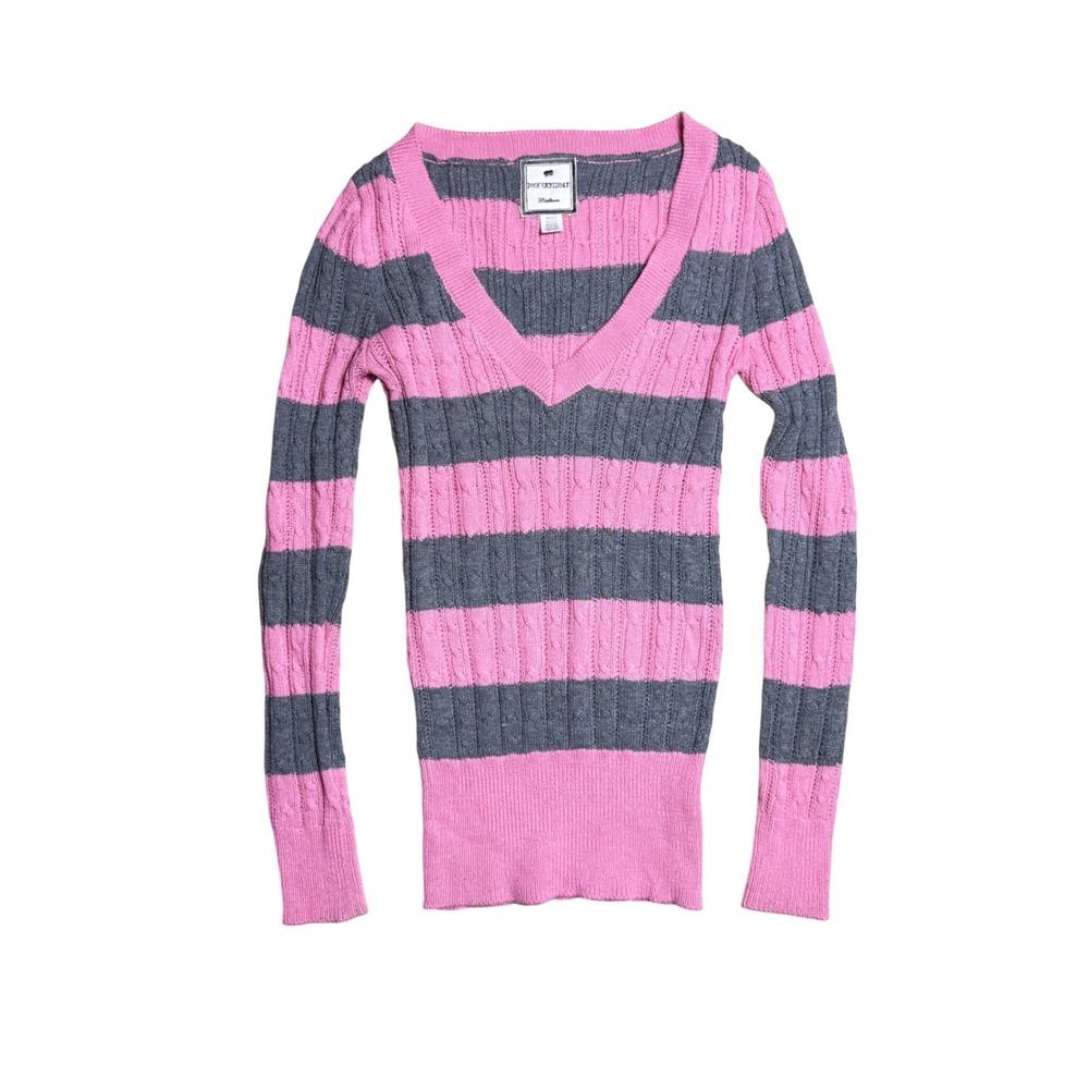 Poof Excellence Women Pink Grey Striped Cable Knit V-Neck Sweater